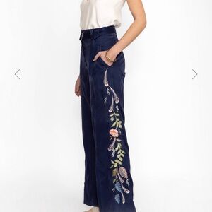 Johnny Was Emike Belted wide leg Navy Pants with Floral Embroidery NWOT